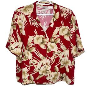 Vintage Koret Hawaiian Shirt Womens 14 Red Hibiscus Floral 100% Rayon Aloha
